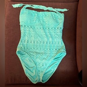 Large Mint Halter Top 1-Piece  Swimsuit w/ See-through pattern in middle section